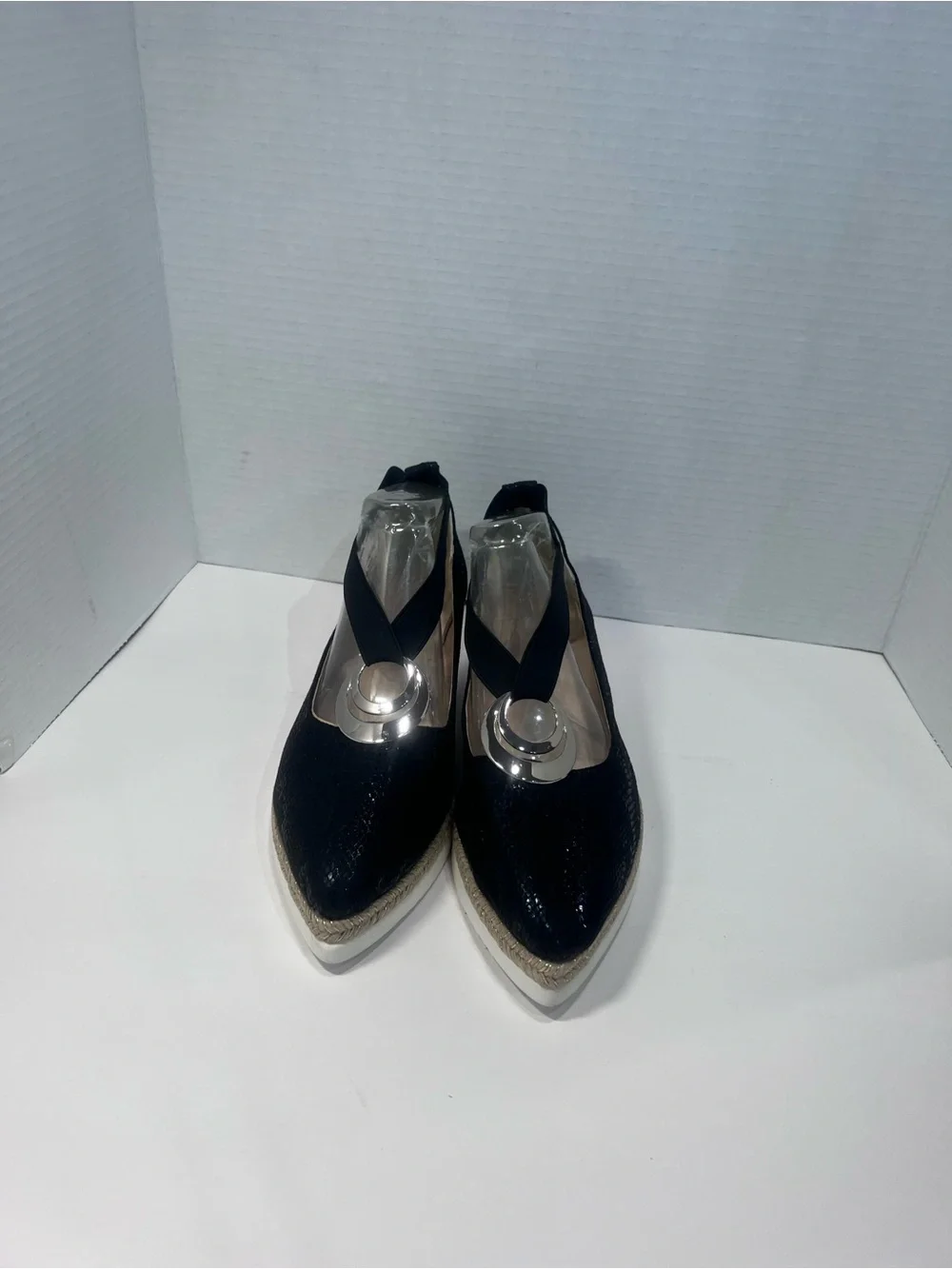 Unlisted Black Wedge Espadrille Slip-Ons with Silver Accent